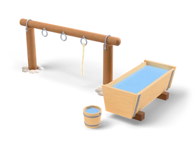 Wooden hitching rail with iron rings and a rope beside a plank water trough and a small bucket