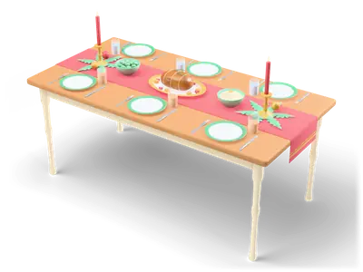 Wooden dining table with a red runner, a roast on a platter, side dishes, gold candlesticks and six place settings