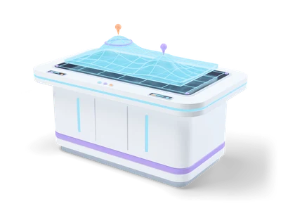 White command table with a dark glass top and a glowing cyan see-through terrain hologram with two hills and orange and lilac pins