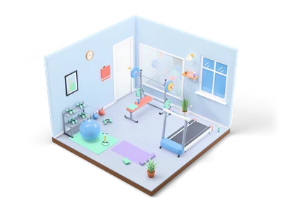 Isometric home gym with wall mirror, red weight bench with barbell, treadmill, kettlebells, gym ball and yoga mat