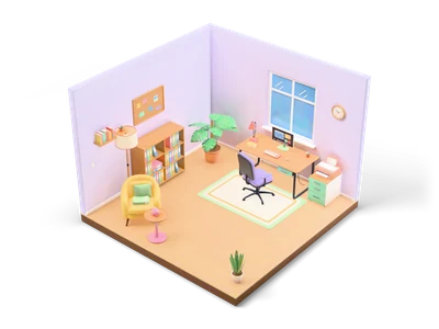 Isometric home office with lavender walls, desk with monitor under the window, purple office chair, binder shelf and yellow armchair