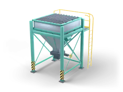 Square grey steel hopper with dark grate bars on teal legs, a yellow handwheel below and a yellow railed walkway