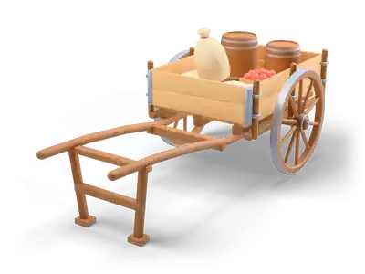 Carro de madera de dos ruedas de radios, cargado con sacos de grano, dos barriles y una caja de manzanas rojas