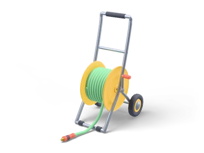 Garden hose reel cart with yellow drum, wound green hose, red crank knob, two wheels and a loose hose end with nozzle