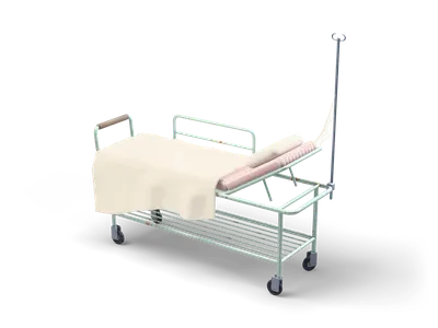 Pale green hospital stretcher on wheels with a cream sheet hanging over the side, a striped pink mattress and a tall metal drip stand
