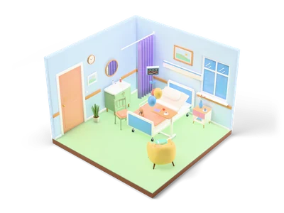Isometric friendly hospital room with clinic bed, patient monitor, lavender curtain, yellow armchair and balloons on sage floor