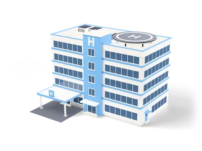 White five-storey hospital with sky-blue bands, blue stair core with H sign and a rooftop helipad