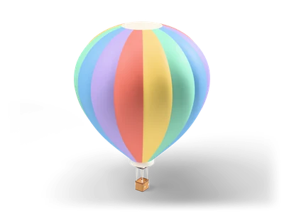 Pastel rainbow hot air balloon with coral, yellow, mint, blue and lavender gores and a small wicker basket