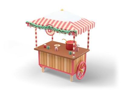 Wooden cart with red and cream striped canopy, red wheels, a cocoa pot and colorful mugs on the counter