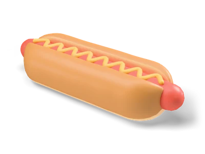 Hot dog in a golden split bun with a sausage sticking out at both ends and a mustard zigzag