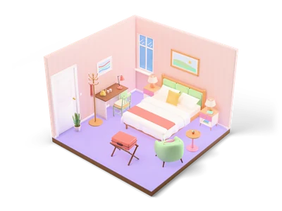 Isometric hotel room with striped wallpaper, double bed with white linen and coral runner, desk, luggage rack with suitcase and armchair