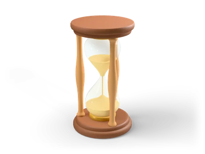Wooden hourglass with three turned spindles, brass collars and yellow sand inside a clear glass double bulb