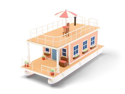 Ponton-Hausboot mit pfirsichfarbener Kabine, Blumenkästen, Veranda und Dachterrasse mit korallenrotem Sonnenschirm