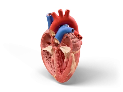 Realistic human heart cut open lengthwise, showing chambers, valves, a red aorta and blue vessels