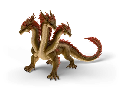 Dreiköpfige Hydra als 3D-Modell auf vier bekrallten Beinen mit olivbronzenen Schuppen, cremefarbenen Kehlplatten, gehörnten Köpfen mit rostroten Stachelkämmen und langem eingerolltem Schwanz