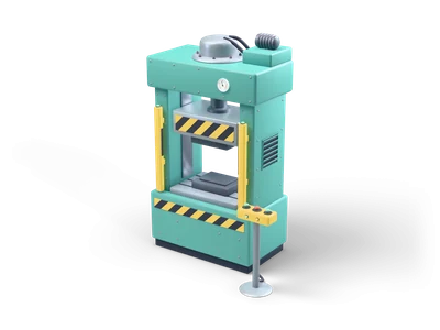 Tall teal hydraulic press with a striped steel ram, yellow safety posts and a control post with buttons