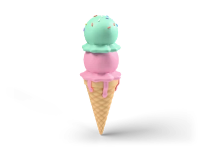Waffle cone with a pink strawberry scoop dripping down and a mint scoop with sprinkles on top
