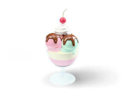 Ice cream sundae in a clear glass with three scoops, chocolate sauce, whipped cream and a cherry