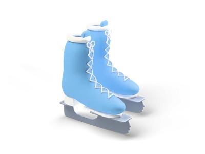 Pair of sky blue figure skates with white laces and collars standing on steel blades
