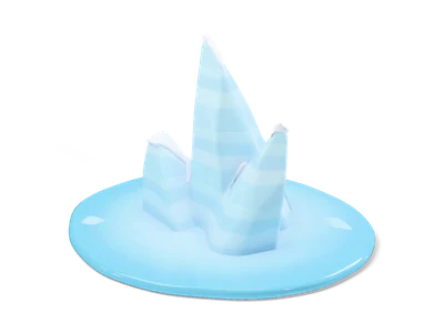 Light blue pointed iceberg with white snow edges standing in a round glossy blue water disc