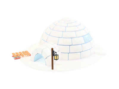 White snow-block igloo dome with ice-blue joints, entrance tunnel, lantern post and small wooden sled on a snow base