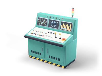 Teal control desk with colourful buttons, joysticks, a red emergency stop and three glowing screens