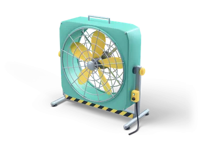 Large teal box fan with five yellow blades behind a round steel guard on a grey tilting stand