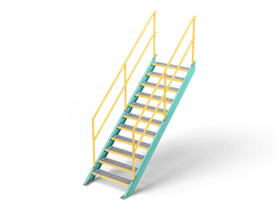 Steel industrial staircase with grating steps, yellow nosings, yellow handrails and teal stringers