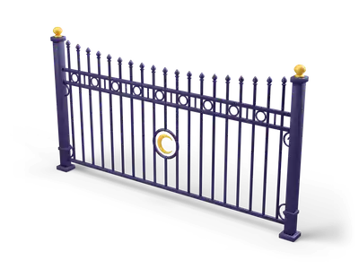 Lilac wrought iron fence segment with round bars, gold ball finials and a crescent moon medallion