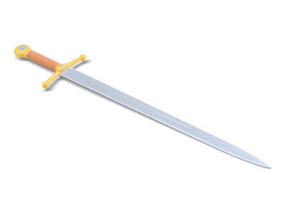 Stylized iron sword lying flat with gold crossguard, brown leather grip and blue gem in the pommel