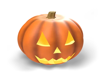 Calabaza naranja tallada con ojos triangulares luminosos, boca dentada y tallo marrón corto