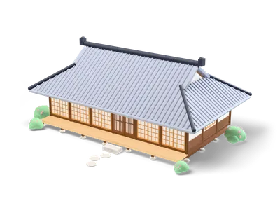 Traditional Japanese wooden house with grey tiled roof, white plaster walls between dark posts, shoji screens and veranda