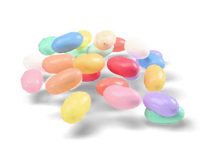 Small heap of glossy pastel jelly beans with a few speckled ones and three beans rolled aside