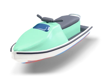 Jetski mit mintfarbener Haube, schwarzer Sitzbank, Lenker und weißem Rumpf mit blauen und korallenroten Streifen
