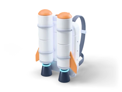 White twin-tank jetpack with orange dome caps and fins, glowing cyan nozzle rings and dark shoulder straps