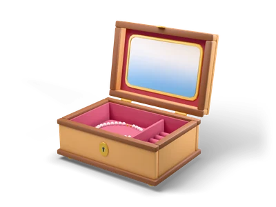 Open wooden jewelry box with pink velvet, a mirror in the lid, a pearl necklace and a gold ring with a pink stone