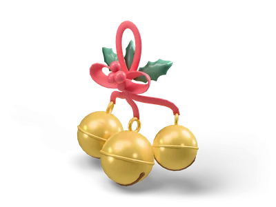 Three gold jingle bells on red ribbons with a small bow, holly leaves and red berries