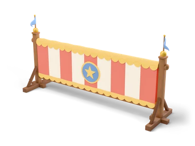 Barrera de justas con tela a rayas rojas y crema, medallón azul con estrella y banderines en los postes