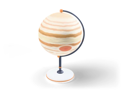 Pastelliger Jupiter-Globus mit cremefarbenen und orangen Wolkenbändern und korallfarbenem Rotem Fleck auf Ständer mit weißem Sockel