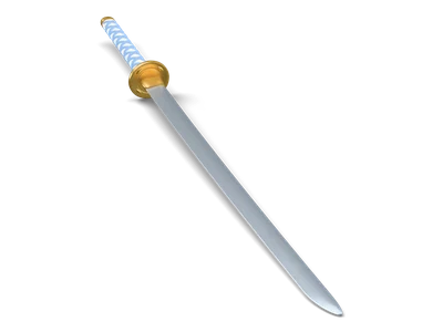 Stylized katana lying flat with a curved steel blade, round brass tsuba with leaf reliefs and a grip wrapped in blue cord over cream