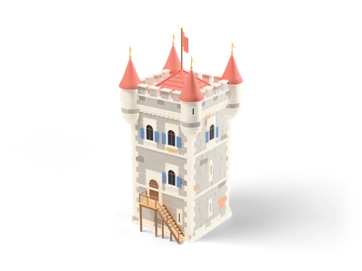 Stylized stone castle keep with four red-roofed corner turrets, blue shutters, a star flag and a wooden stair