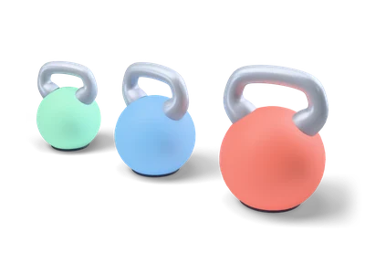 Three pastel kettlebells in mint, sky blue and coral with grey handles standing in a row