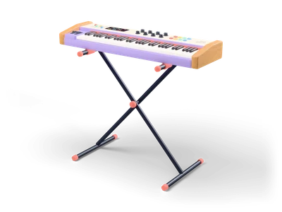 Lavender keyboard synthesizer with wooden end cheeks, knobs, sliders and pads on a dark X-stand