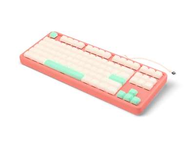 Coral tenkeyless mechanical keyboard with blank cream keycaps, mint accent keys and a thin cable at the back
