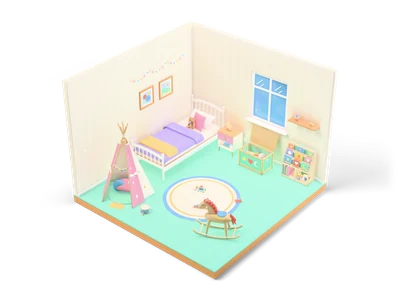 Isometric kids bedroom with striped cream walls, mint carpet, white bed with teddy, teepee tent, rocking horse and round play rug