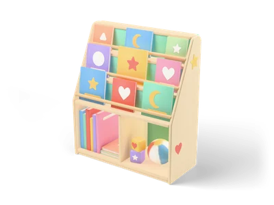 Kinderbücherregal aus Ahorn mit Mint-Rückwand, Bilderbüchern mit Stern- und Herzcovern, Ball und Spielwürfeln