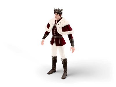 Modelo 3D de rey del invierno: joven soberano con corona de plata oscura, capa de armiño blanco sobre jubón de terciopelo burdeos, pantalón crema y botas altas marrones, de pie en pose A