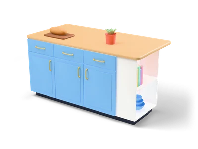 Kitchen island with light blue cabinet fronts, gold handles, an oak worktop, bread on a board and a herb pot