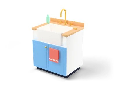 Kitchen sink cabinet with a white farmhouse sink, a gold faucet, light blue doors and a coral tea towel