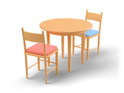 Round light wooden kitchen table with two ladder-back chairs with coral and blue seat cushions